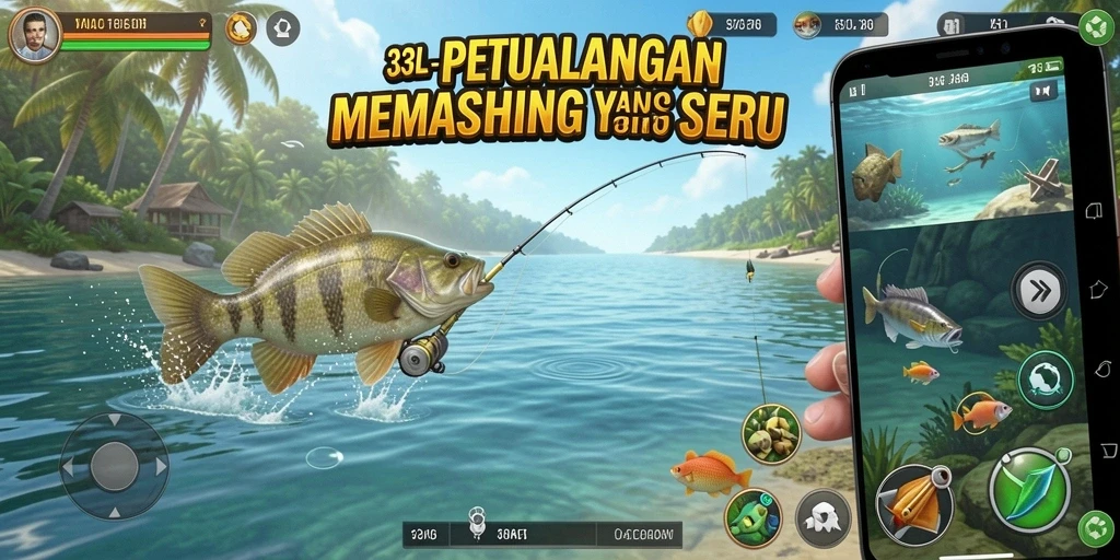 Screenshot gameplay 33L yang menunjukkan aksi memancing seru.