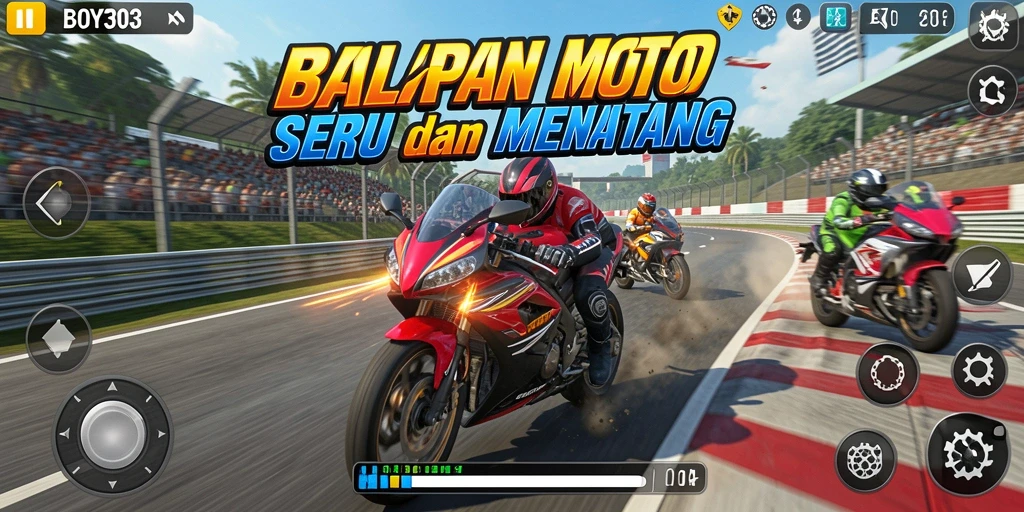 Gameplay menegangkan motor balapan di berbagai lintasan.