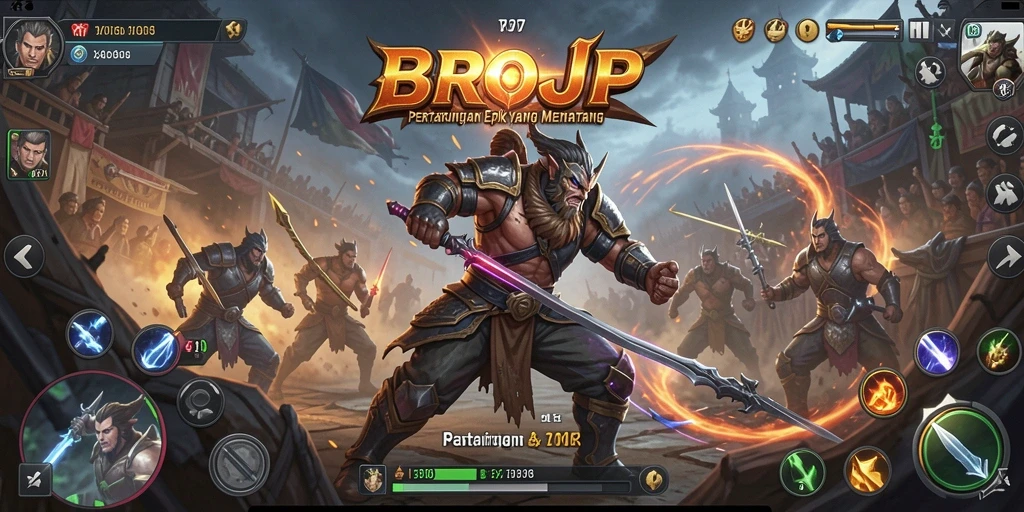 Tangkapan layar gameplay BROJP saat pertarungan berlangsung dengan karakter beraksi.