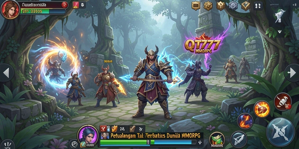 Gameplay QT777 menampilkan pertarungan epik dan eksplorasi dunia fantasi.