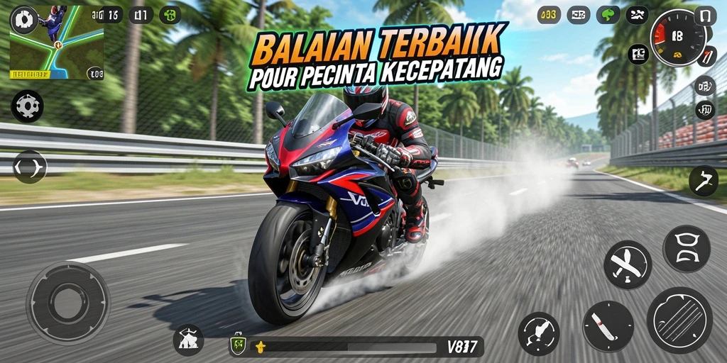 Tangkapan layar V87 menunjukkan aksi balapan motor seru dan mengasyikkan.