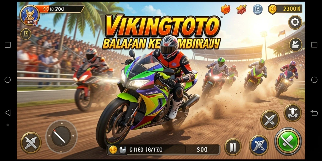 Screenshot gameplay VIKINGTOTO menampilkan aksi balapan motor yang menegangkan.