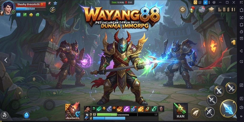 Screenshot utama WAYANG88 menampilkan aksi epik dalam pertarungan MMORPG.